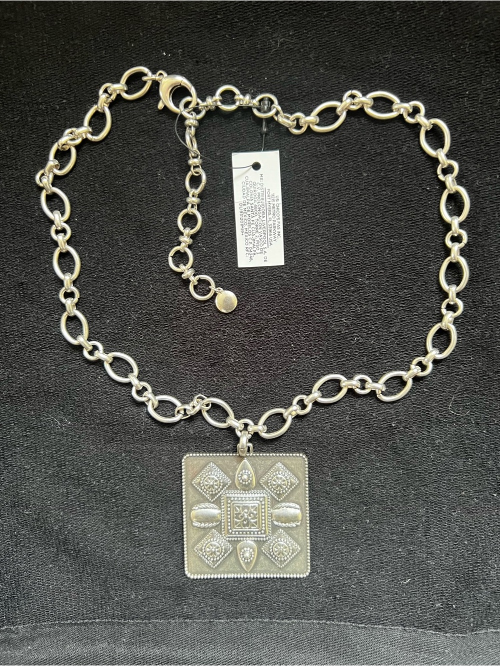 Chico’s Silver-Tone Chain Necklace with Ornate Square Pendant - NWT